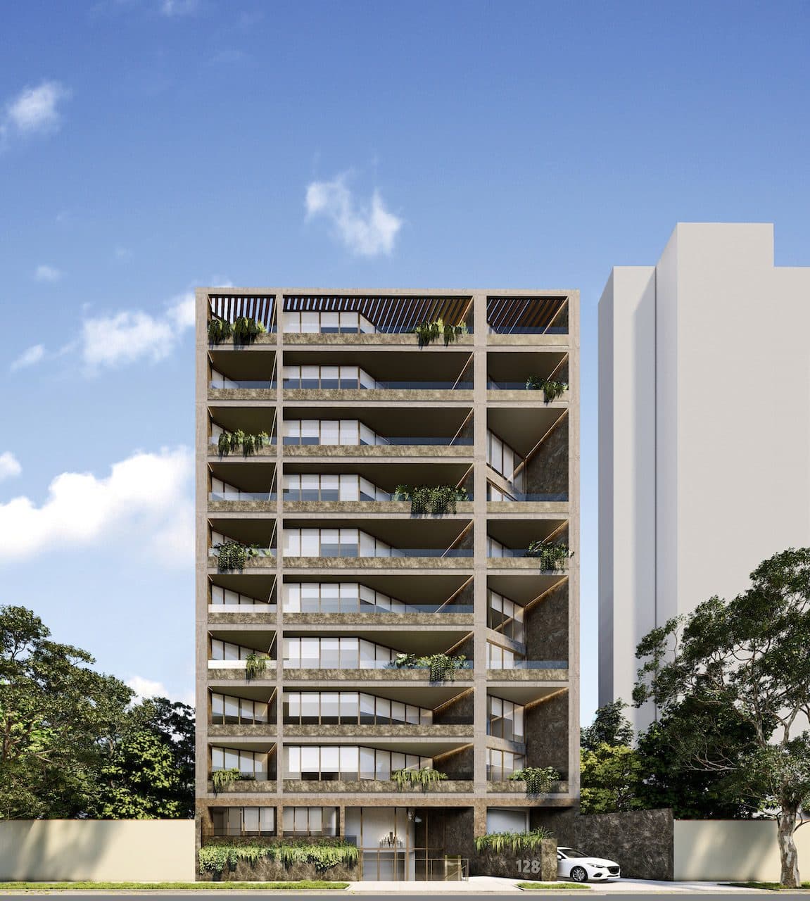 Chabrier: Fachada frontal: diez niveles con balcones profundos de madera y concreto
