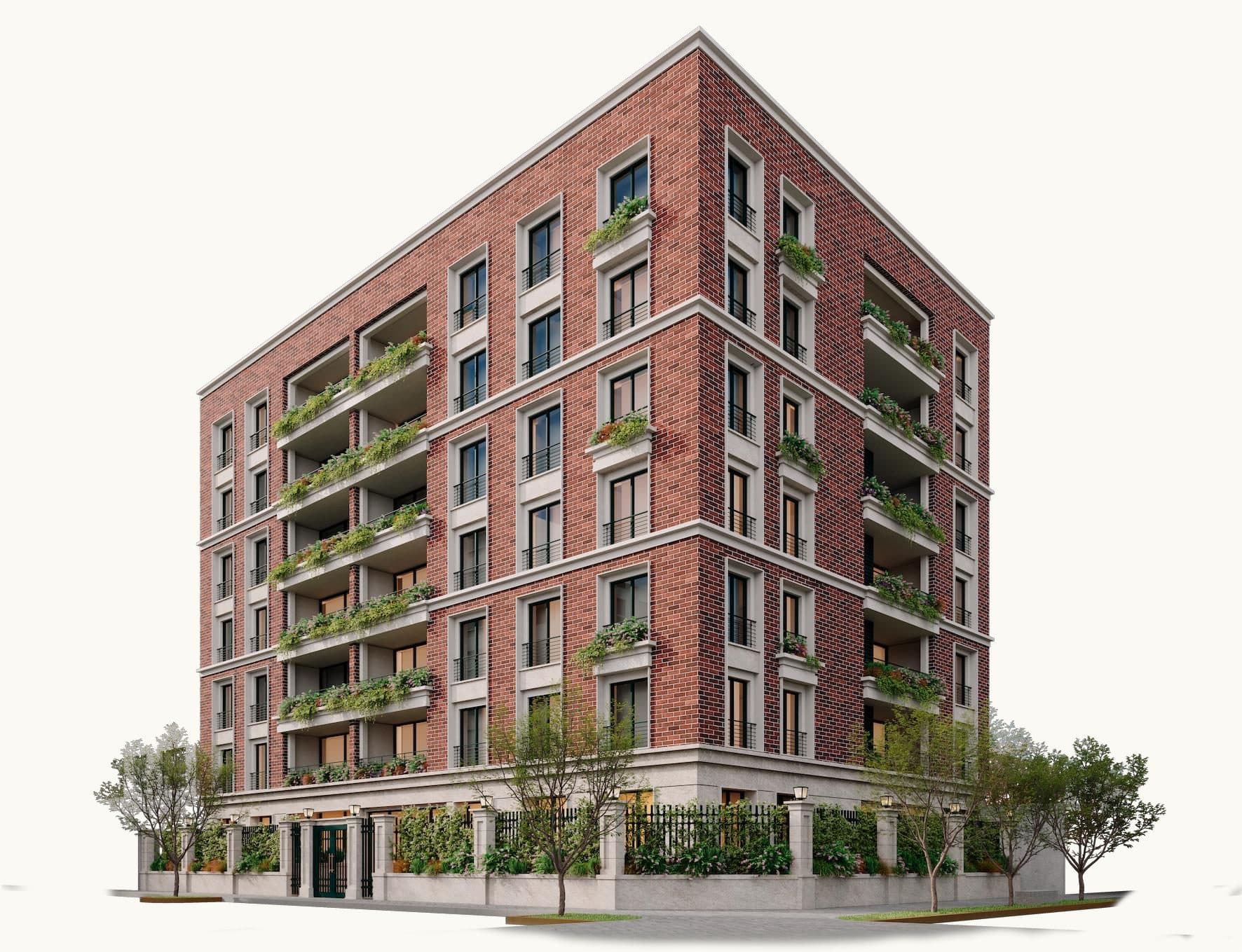 Render de Los Libertadores 390: edificio de ladrillo aparente de ocho niveles en esquina